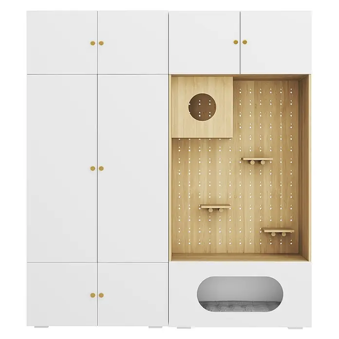 SONNENH Schrank-Set 180 x 50 x 202 cm, 1 Kleiderstange, Weiß/Holzoptik -  - Weißer Modulschrank mit goldenen Knöpfen, integriertem hellholzfarbenen Katzenbaum mit Lochwand, Ablagen, Versteck und Katzenbett unten.