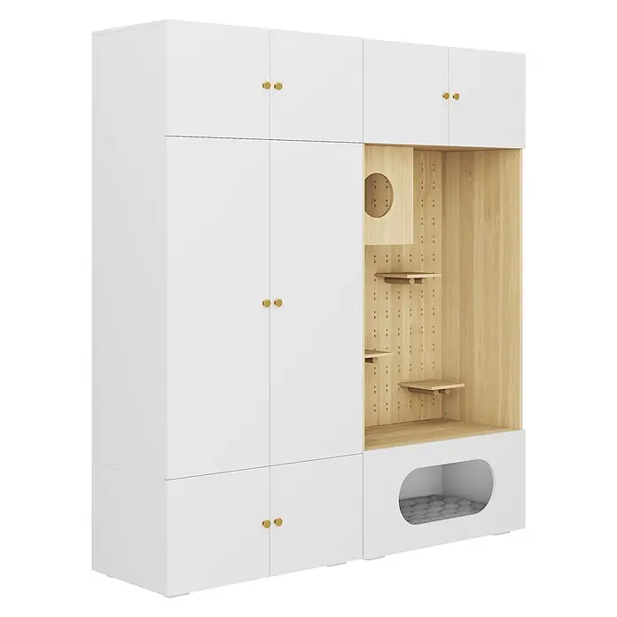 SONNENH Schrank-Set 180 x 50 x 202 cm, 1 Kleiderstange, Weiß/Holzoptik -  - Modernes weißes Katzenmöbel mit Kletterregalen aus Naturholz und gemütlichem grauen Bett, Messingknöpfen und viel Stauraum.