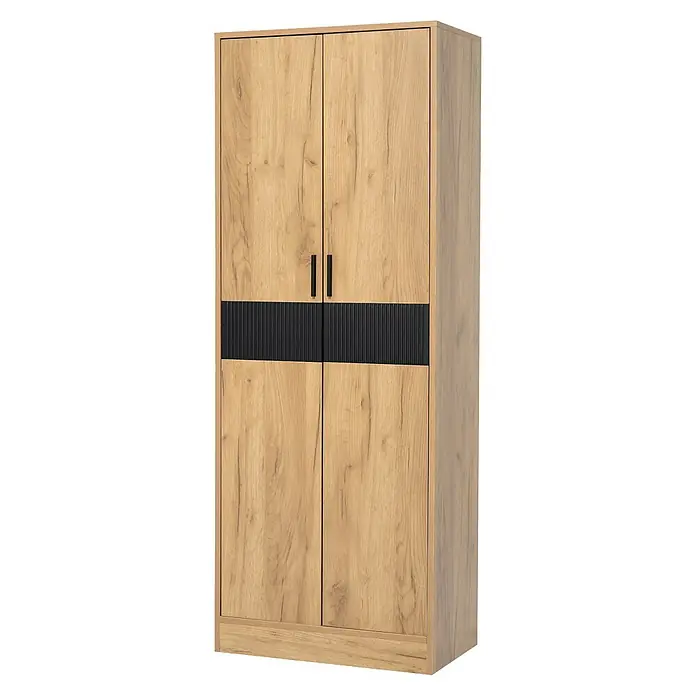 SONNENH Aktenschrank 60 x 35 x 160 cm, 2 Einlegeböden, Eichenoptik -  - Heller Holzmaserungsschrank mit zwei Türen, schwarzem Struktureinsatz und schwarzen Griffen.