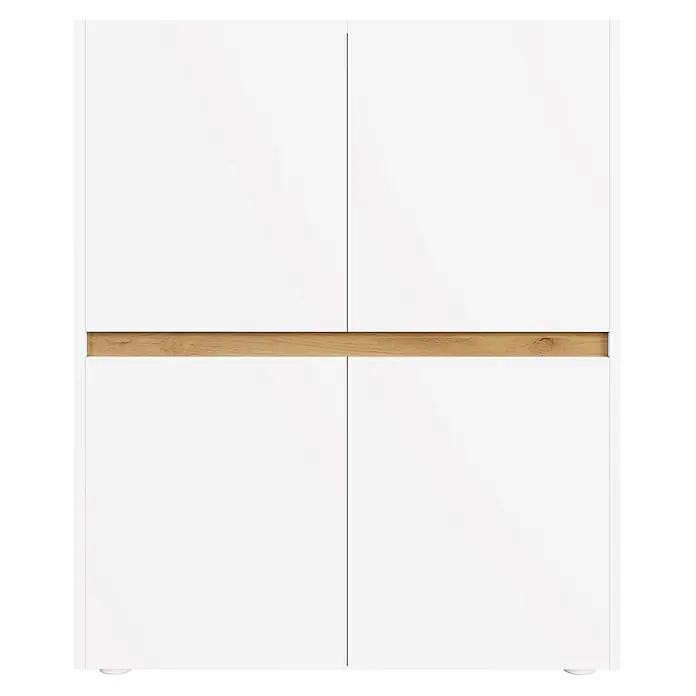 SONNENH Aktenschrank 90 x 40 x 110 cm, 8 Fächer, Weiß/Eichenoptik -  - Weißer Schrank mit vier Türen und einem Holzakzentstreifen.