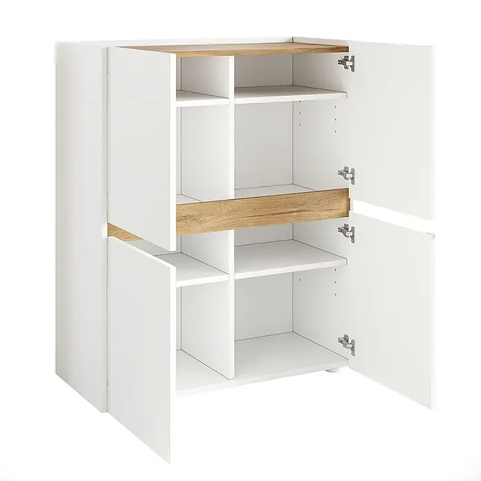 SONNENH Aktenschrank 90 x 40 x 110 cm, 8 Fächer, Weiß/Eichenoptik -  - Weißer Schrank mit offenen Fächern und hellen Holz-Akzenten oben und mittig, mit offenen Türen, die Stauraum zeigen.