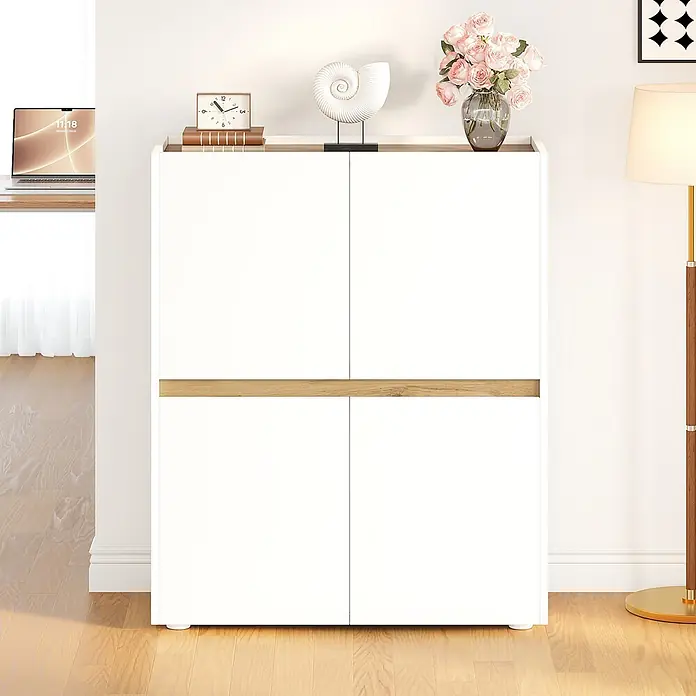 SONNENH Aktenschrank 90 x 40 x 110 cm, 8 Fächer, Weiß/Eichenoptik -  - Weißer Hochschrank mit vier Türen, Naturholz-Oberplatte und einer horizontalen Holz-Akzentleiste.