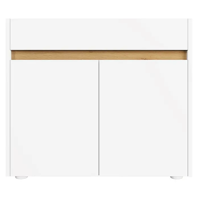 SONNENH Aktenschrank 80 x 40 x 70 cm, 2 Fächer, Weiß -  - Weißer Schrank mit zentralem offenem Regal in Naturholzoptik und zwei unteren Türen, auf kleinen weißen Füßen stehend.