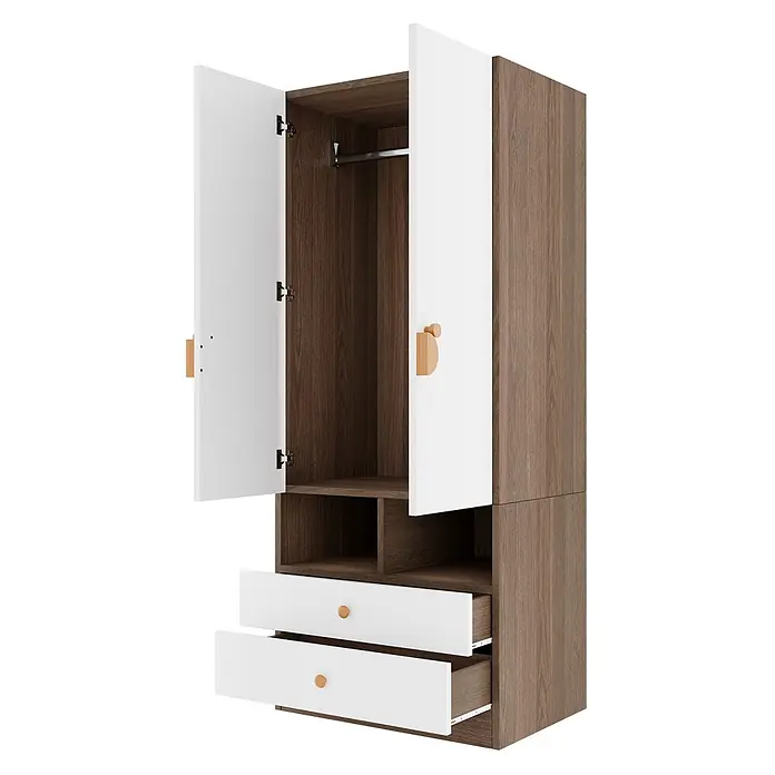 SONNENH Kleiderschrank 70 x 50 x 170 cm, 2 Schubladen, Natur -  - Zweitüriger Kleiderschrank in Holzoptik Braun mit weißen Türen, Kleiderstange, offenen Fächern und zwei Schubladen mit Holzknöpfen.