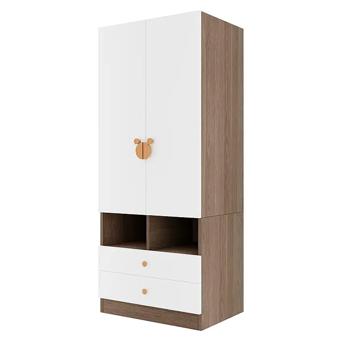 SONNENH Kleiderschrank 70 x 50 x 170 cm, 2 Schubladen, Natur -  - Kinderkleiderschrank: weiße Türen/Schubladen, Bärengriffe oben, runde Griffe unten. Offene Regale, Holzoptikrahmen.
