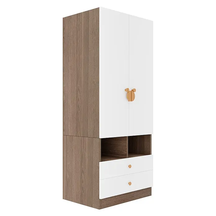 SONNENH Kleiderschrank 70 x 50 x 170 cm, 2 Schubladen, Natur -  - Kleiderschrank weiß-braun mit Türen, einzigartigem Holzgriff, offenen Regalen und zwei Schubladen mit Holzknöpfen.