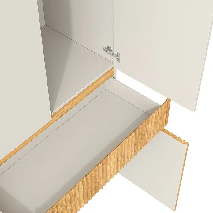 SONNENH Kleiderschrank 135 x 50 x 200 cm, 2 Schubladen, Hellgrau/Natur -  - Heller, offener Schrank mit Akzenten aus Naturholz, offener Tür und teilweise ausgezogener Schublade mit strukturierter Holzfront.