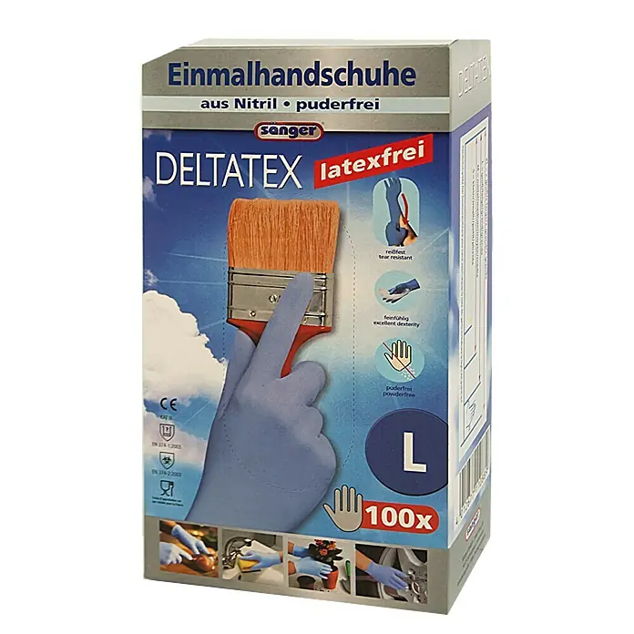 Sänger Einmalhandschuhe Deltatex - L, Blau, Nitril, 100 Stk. - Abbildung einer Packung DELTATEX Einmalhandschuhe aus Nitril, puderfrei und latexfrei, Größe L, mit 100 Stück Inhalt.