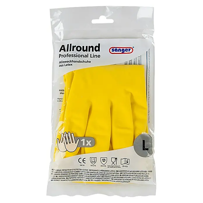 Sänger Professional Line Haushaltshandschuhe Allround - L, Gelb, Latex - Gelbe Allzweckhandschuhe aus Latex im durchsichtigen Kunststoffbeutel, Größe L.