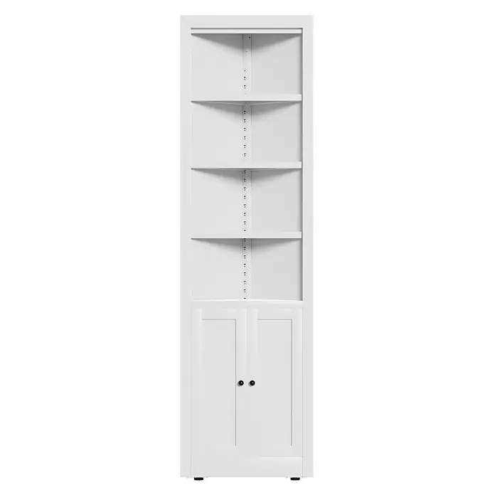SONNENH Metall-Eckschrank 52 x 26,5 x 180 cm, 5 Ebenen, Weiß -  - Weißes Eckregal mit verstellbaren Böden und zwei unteren Schranktüren mit schwarzen runden Griffen.