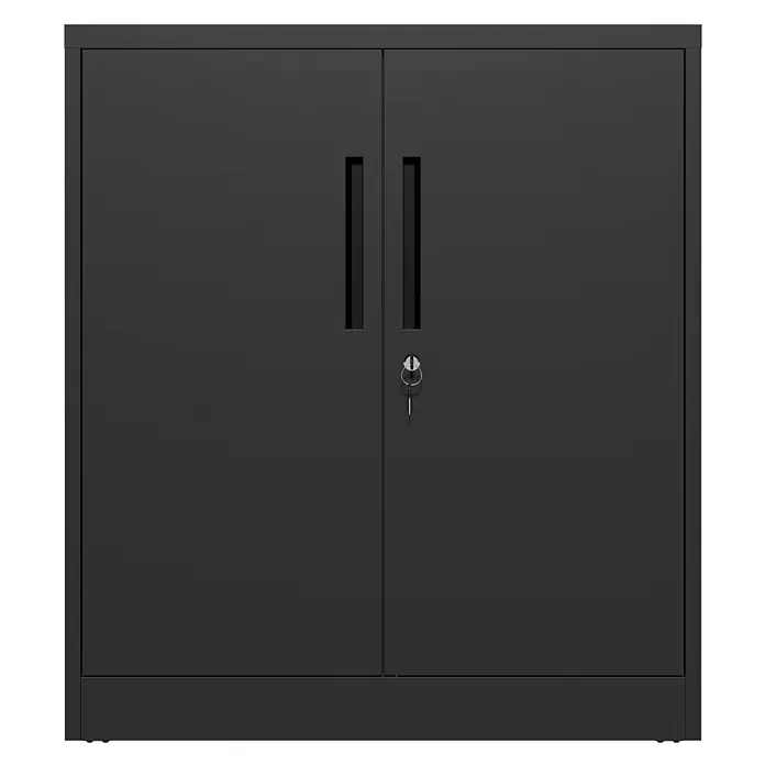 SONNENH Metallschrank 80 x 40 x 90 cm, 2 Einlegeböden, Schwarz -  - Schwarzer Metallschrank mit zwei Türen, eingelassenen Griffen und einem Schlüssel im Schloss.