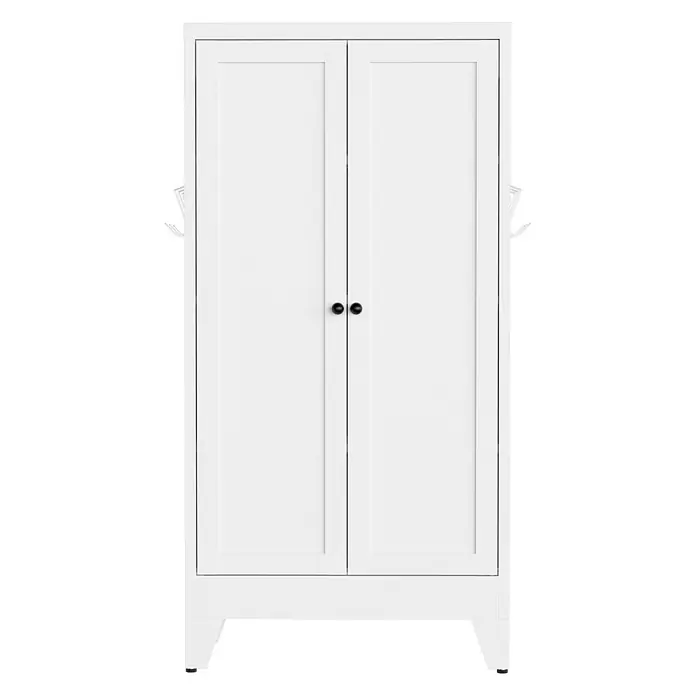 SONNENH Metallschrank 60 x 30 x 120 cm, 3 Böden, Weiß -  - Weißer zweitüriger Schrank mit schwarzen Griffen und Seitenhaken, mit schlichtem Paneeldesign und kurzen Beinen.