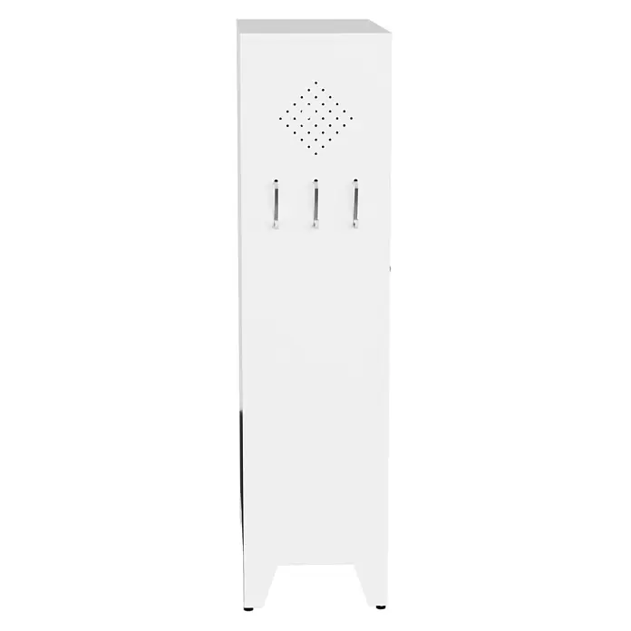 SONNENH Metallschrank 60 x 30 x 120 cm, 3 Böden, Weiß -  - Weißer Schrank mit drei silbernen Haken und einem rautenförmigen perforierten Oberteil.