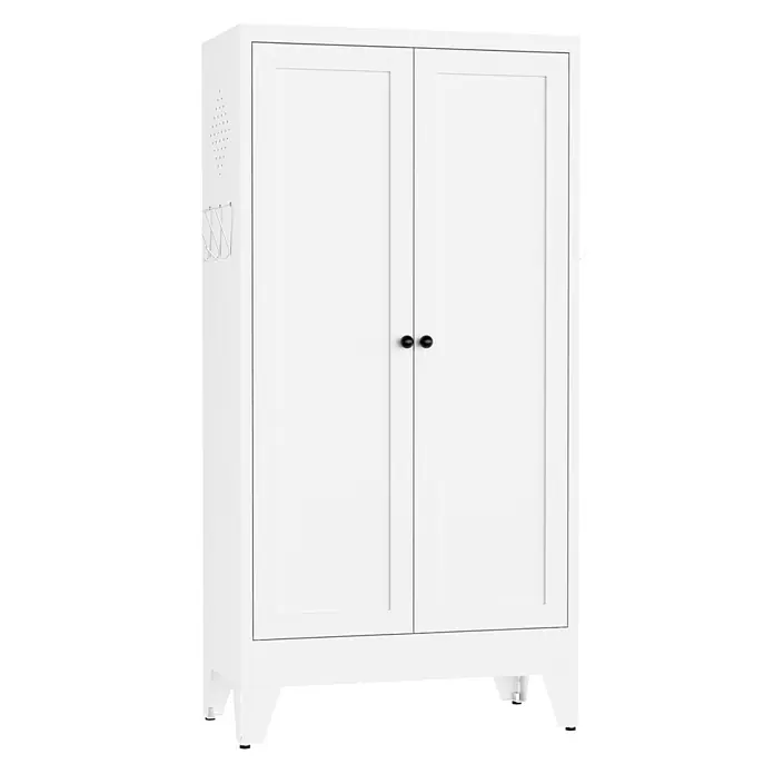 SONNENH Metallschrank 60 x 30 x 120 cm, 3 Böden, Weiß -  - Weißer Metallschrank mit zwei Türen, schwarzen Knäufen, perforierten Seitenwänden und Haken, auf kurzen Beinen stehend.