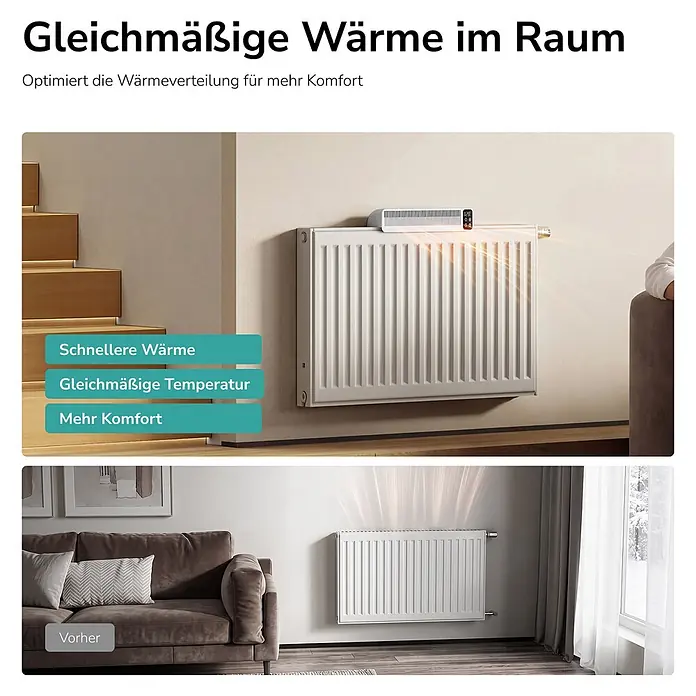 EMKE Heizkörperventilator RCF mit Akku, 3 Stufen, Automatikmodus und Timer -  - Ein weißer Heizkörperlüfter auf einem Plattenheizkörper, der warme Luft gleichmäßig im Raum verteilt für mehr Komfort.