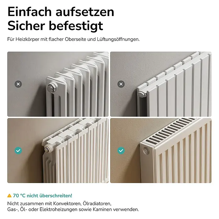 EMKE Heizkörperventilator RCF mit Akku, 3 Stufen, Automatikmodus und Timer -  - Weiße Heizkörperabdeckung/-ablage, einfach auf flache Radiatoren aufsetzbar und sicher befestigbar.