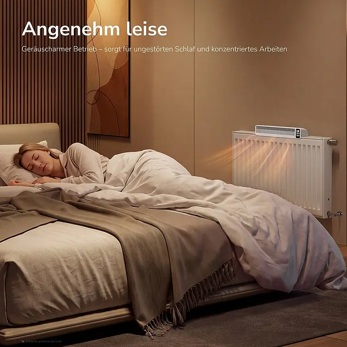 EMKE Heizkörperventilator RCF mit Akku, 3 Stufen, Automatikmodus und Timer -  - Weißes rechteckiges Heizgerät mit Digitalanzeige auf Heizkörper, wärmt schlafende Frau im Schlafzimmer.