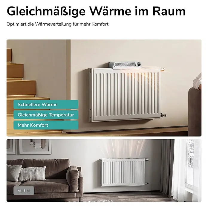 EMKE Heizkörperventilator RCF mit Akku, 4 Stufen, Automatikmodus und Timer -  - Weißer Heizkörperlüfter auf einem Heizkörper, der Wärme für besseren Raumkomfort verteilt.