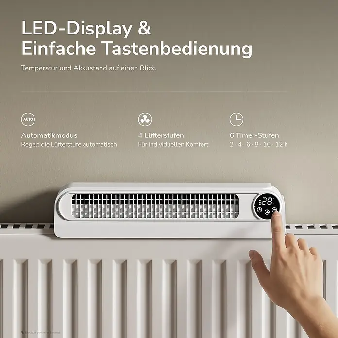 EMKE Heizkörperventilator RCF mit Akku, 4 Stufen, Automatikmodus und Timer -  - Weißes Heizkörpergerät mit LED-Anzeige, von Hand bedient.