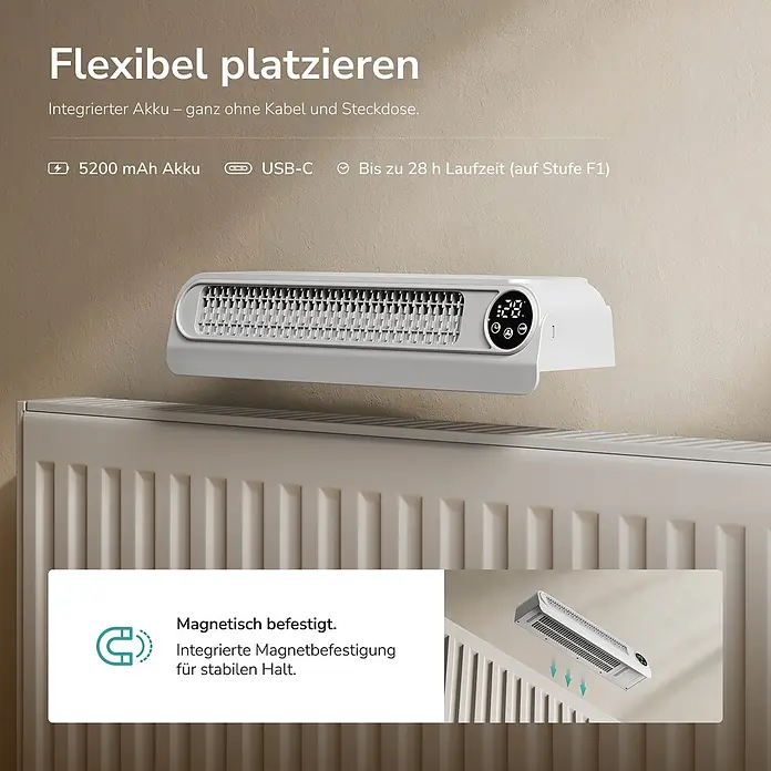 EMKE Heizkörperventilator RCF mit Akku, 4 Stufen, Automatikmodus und Timer -  - Weißes, rechteckiges tragbares Gerät mit Digitalanzeige, magnetisch über einem Heizkörper befestigt. Akkubetrieben mit USB-C und langer Laufzeit.