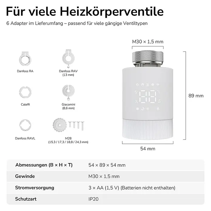 EMKE Heizkörper-Thermostat RTH4, TUYA App, programmierbar, M30 x 1,5 mm -  - Weißes smartes Heizkörperthermostat mit Digitalanzeige, abgebildet mit Adaptern für verschiedene Ventiltypen und Produktdimensionen.