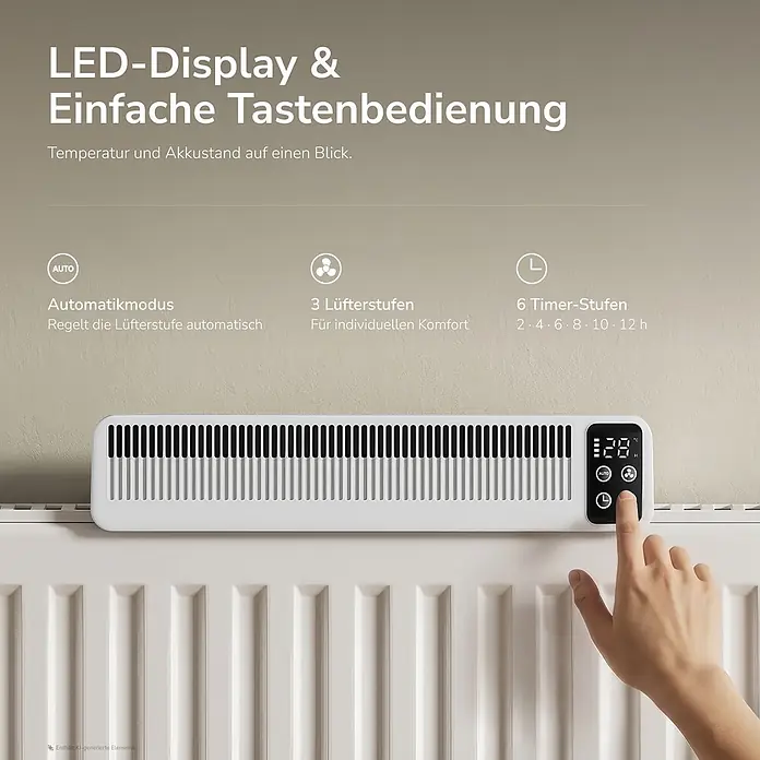 EMKE Heizkörperventilator RCF mit Akku, 3 Stufen, Automatikmodus und Timer -  - Weißes Heizgerät mit LED-Display und Tastenbedienung, eine Hand passt Einstellungen an, über einem Heizkörper montiert.