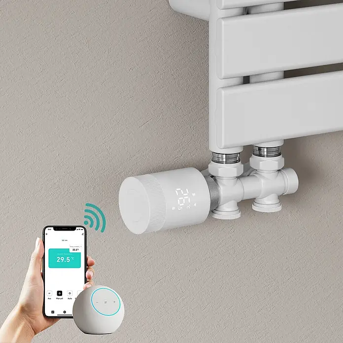 EMKE Heizkörper-Thermostat RTH4, TUYA App, programmierbar, M30 x 1,5 mm -  - Weißer smarter Heizkörperthermostat, über Smartphone-App mit 29,5°C gesteuert, mit Smart-Home-Hub für die Heizung.