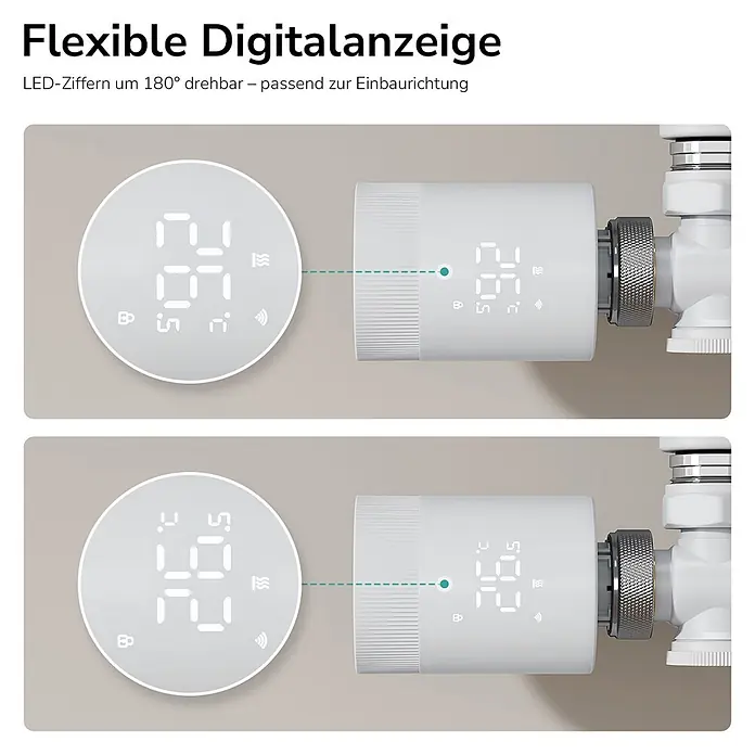 EMKE Heizkörper-Thermostat RTH4, TUYA App, programmierbar, M30 x 1,5 mm -  - Weißer smarter Heizkörperthermostat mit 180° drehbarer Digitalanzeige.