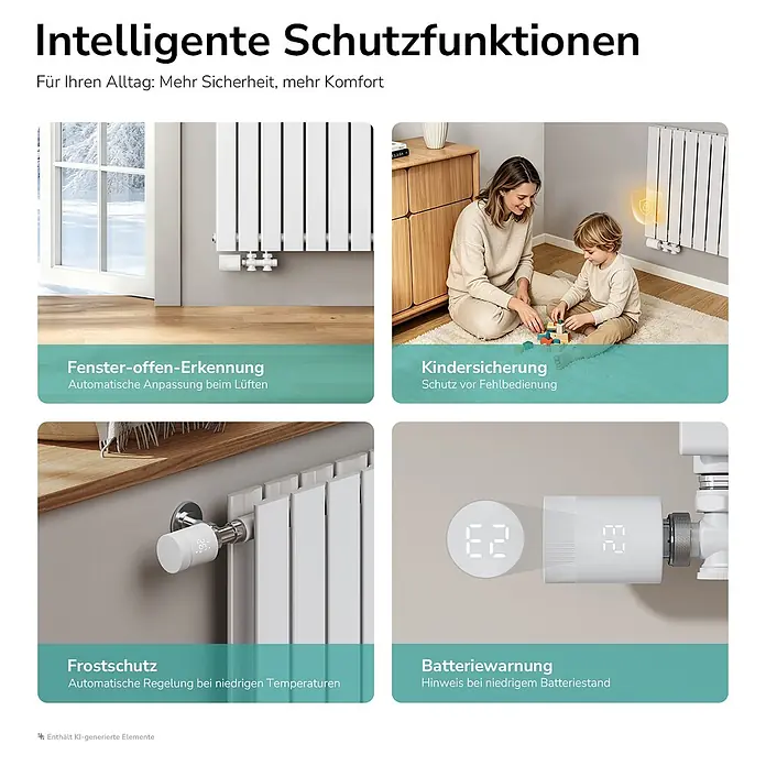 EMKE Heizkörper-Thermostat RTH4, TUYA App, programmierbar, M30 x 1,5 mm -  - Intelligenter Heizkörperthermostat zeigt Schutzfunktionen: Fenster-offen-Erkennung, Kindersicherung, Frostschutz und Batteriewarnung.