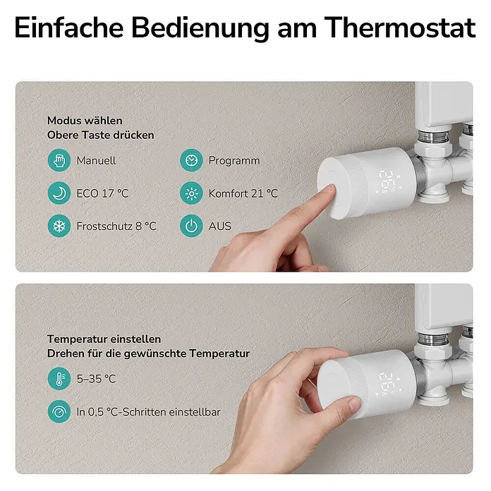 EMKE Heizkörper-Thermostat RTH4, TUYA App, programmierbar, M30 x 1,5 mm -  - Weißes intelligentes Heizkörperthermostat, das von einer Hand zur Modusauswahl und Temperatureinstellung bedient wird.