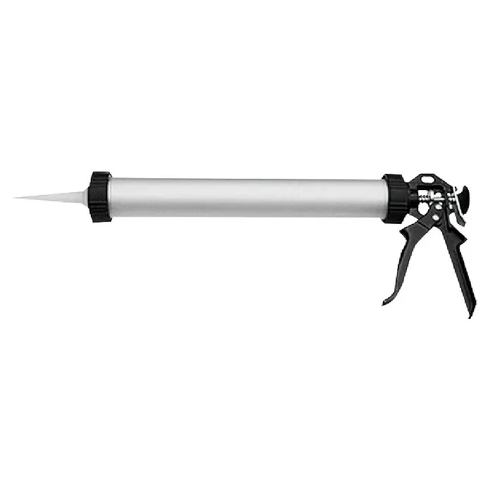 Heka KartuschenpresseLang, Fassungsvermögen: 600 ml, Aluminium - Eine Kartuschenpistole mit silbernem Lauf und schwarzem Griff für die Anwendung von Dichtstoffen und Klebstoffen.