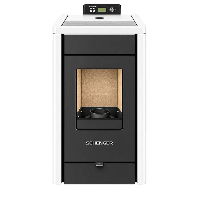 SCHENGER Pelletofen HP07 weiß 8,0 kW A++ Vollautomatisch WLAN -  - Weißer und schwarzer Schenger Pelletofen mit sichtbarem Brennraum, Brenner und digitalem Bedienfeld.