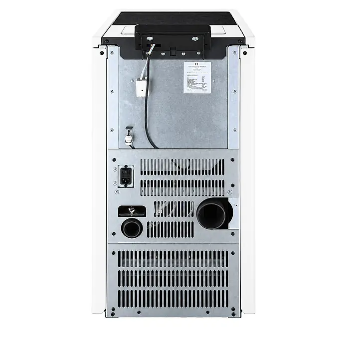 SCHENGER Pelletofen HP07 weiß 8,0 kW A++ Vollautomatisch WLAN -  - Rückansicht eines weißen und silbernen Geräts mit Lüftungsgittern, Stromanschluss und verschiedenen Anschlüssen.