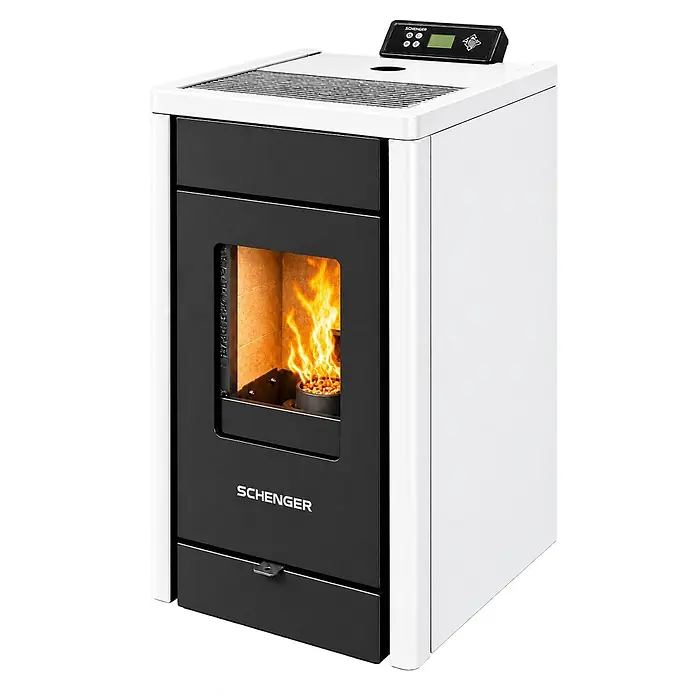 SCHENGER Pelletofen HP07 weiß 8,0 kW A++ Vollautomatisch WLAN -  - Weißer und schwarzer Pelletofen mit rechteckigem Sichtfenster, das eine brennende Flamme und Pellets zeigt, sowie einem digitalen Bedienfeld oben.