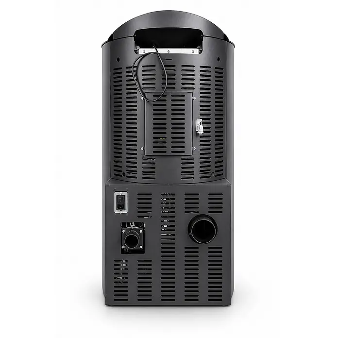 SCHENGER Pelletofen HP51R Schwarz 8,8kW A++ Vollautomatisch WLAN -  - Rückansicht eines schwarzen Heizgeräts mit Lüftungsschlitzen, Netzschalter und zwei großen runden Kanalanschlüssen.