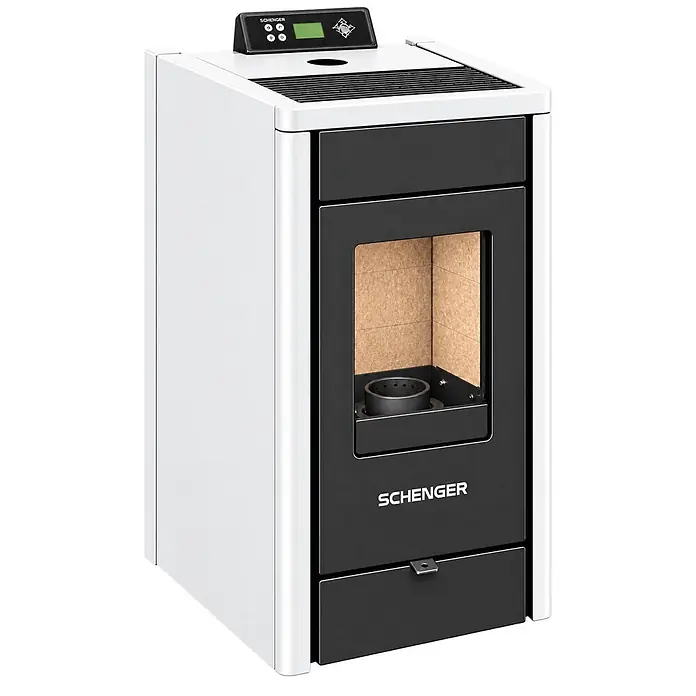 SCHENGER Pelletofen HP07 weiß 8,0 kW A++ Vollautomatisch WLAN -  - Weißer und schwarzer Pelletofen mit Bedienfeld oben, Frontscheibe und Brenntopf.