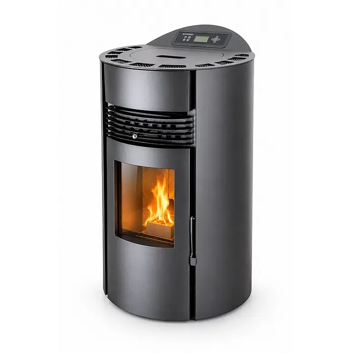 SCHENGER Pelletofen HP51R Schwarz 8,8kW A++ Vollautomatisch WLAN -  - Schwarzer zylindrischer Pelletofen mit sichtbarer Flamme durch die Glastür und Bedienfeld oben.