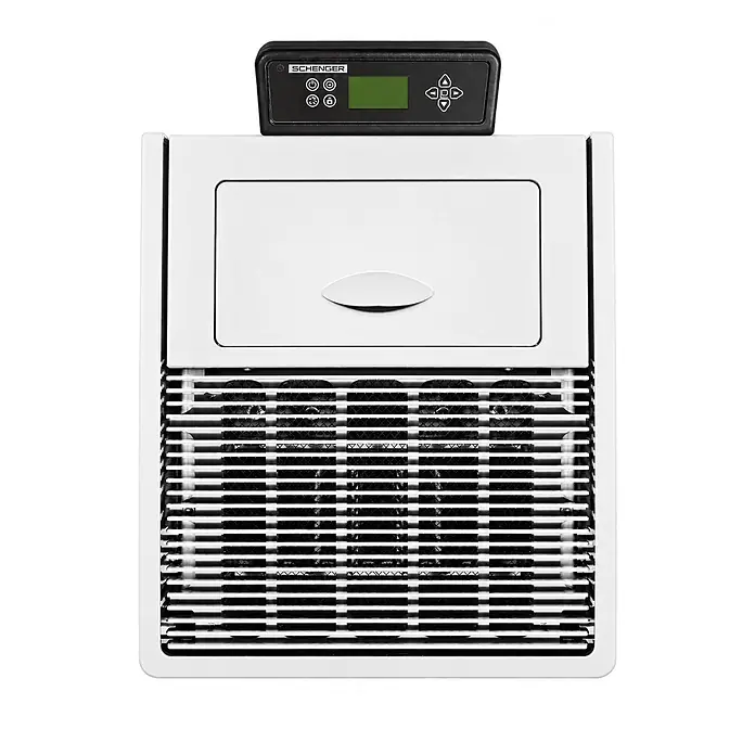 SCHENGER Pelletofen HP07 weiß 8,0 kW A++ Vollautomatisch WLAN -  - Weißes Lüftungsgerät mit schwarzem Bedienfeld und grüner Anzeige.