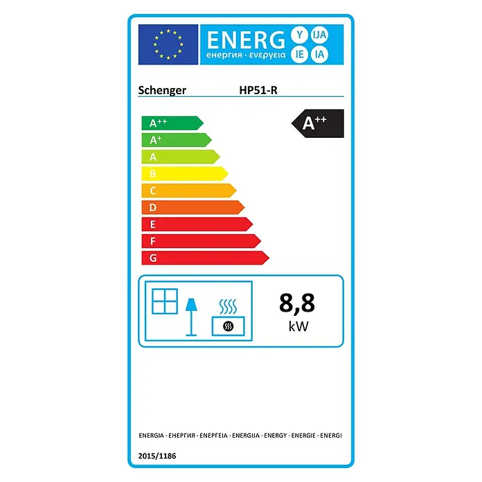 SCHENGER Pelletofen HP51R Schwarz 8,8kW A++ Vollautomatisch WLAN -  - EU-Energielabel für Schenger HP51-R, zeigt Energieklasse A++ und 8,8 kW Leistung.