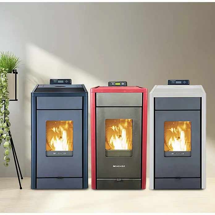 SCHENGER Pelletofen HP07 weiß 8,0 kW A++ Vollautomatisch WLAN -  - Drei moderne Pelletöfen in Blau, Rot und Weiß, jeweils mit Display und sichtbaren Flammen.