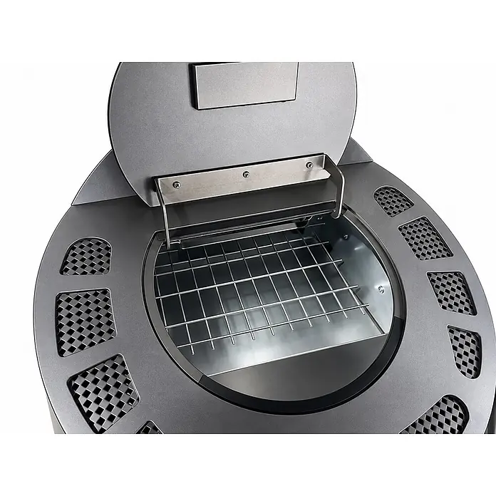 SCHENGER Pelletofen HP51R Schwarz 8,8kW A++ Vollautomatisch WLAN -  - Offener dunkelgrauer Grill mit internem Metallrost und perforierter Oberfläche.