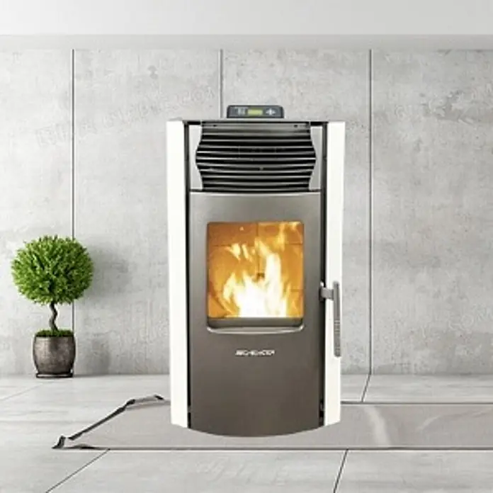 SCHENGER Pelletofen HP51 weiß 8,8 kW A++ Vollautomatisch WLAN -  - Moderner zweifarbiger Pelletofen mit hellem Rahmen und dunkler Front, der ein lebhaftes Feuer durch die Glastür zeigt.