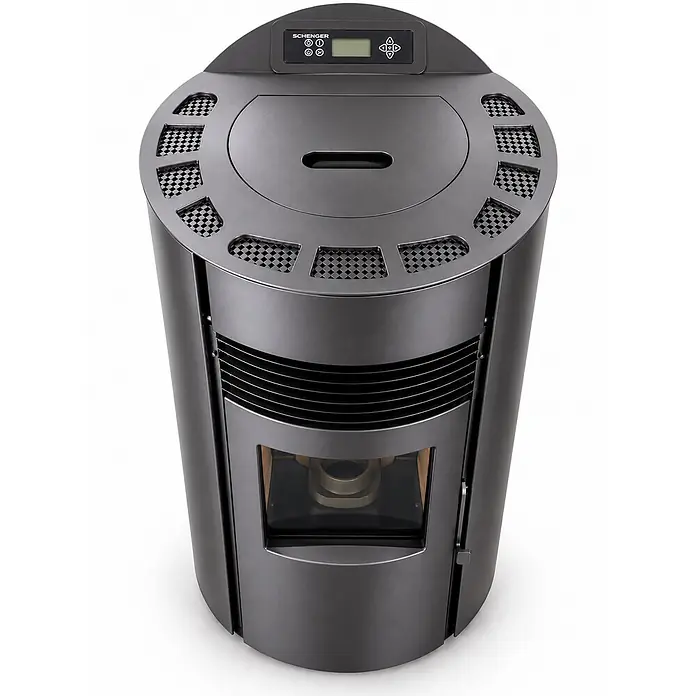 SCHENGER Pelletofen HP51R Schwarz 8,8kW A++ Vollautomatisch WLAN -  - Dunkelgrauer Pelletofen mit Bedienfeld oben und Sichtfenster vorne.