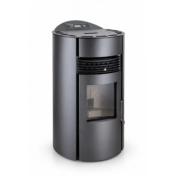 SCHENGER Pelletofen HP51R Schwarz 8,8kW A++ Vollautomatisch WLAN -  - Dunkelgrauer zylindrischer Pelletofen mit Display, vorderem Luftauslass und Glassichtfenster.