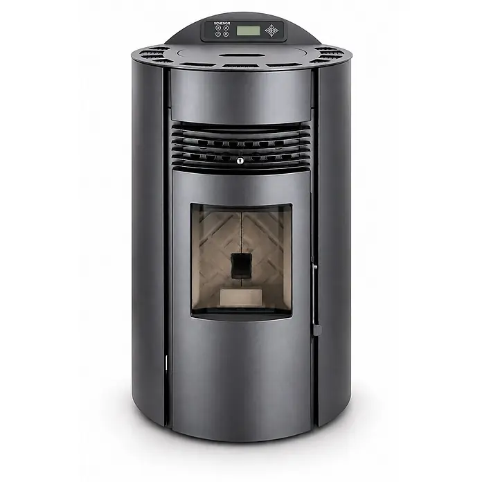 SCHENGER Pelletofen HP51R Schwarz 8,8kW A++ Vollautomatisch WLAN -  - Dunkelgrauer zylindrischer Pelletofen mit obenliegendem Bedienfeld, Digitalanzeige und Glastür zur Brennkammer.