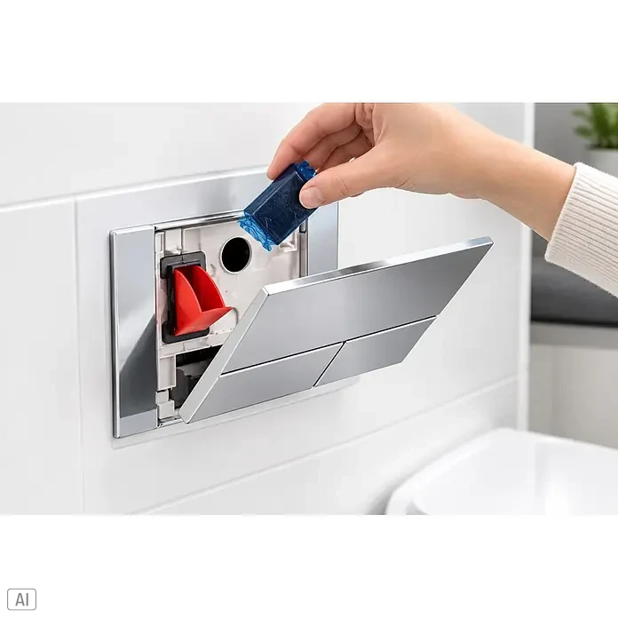 Einwurfschacht - Passend für: Geberit Spülkästen, Öffnung für Spülkastensticks - Hand legt blauen WC-Reiniger in verchromte Spülplattenöffnung für Unterputzspülkasten.
