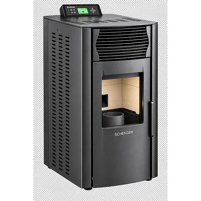 SCHENGER Pelletofen HP51 schwarz 8,8 kW A++ Vollautomatisch WLAN -  - Dunkelgrauer moderner Pelletofen mit digitalem Bedienfeld oben und sichtbarer Brennkammer.