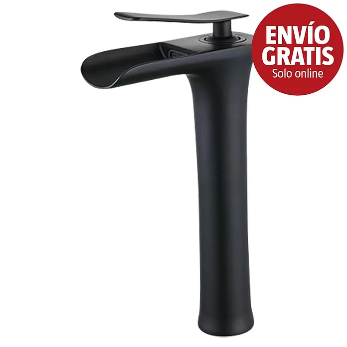 Universal de Grifería Grifo de lavabo Izalco - Negro, Mate - Grifo mezclador de lavabo alto negro con caño cascada y maneta monomando.
