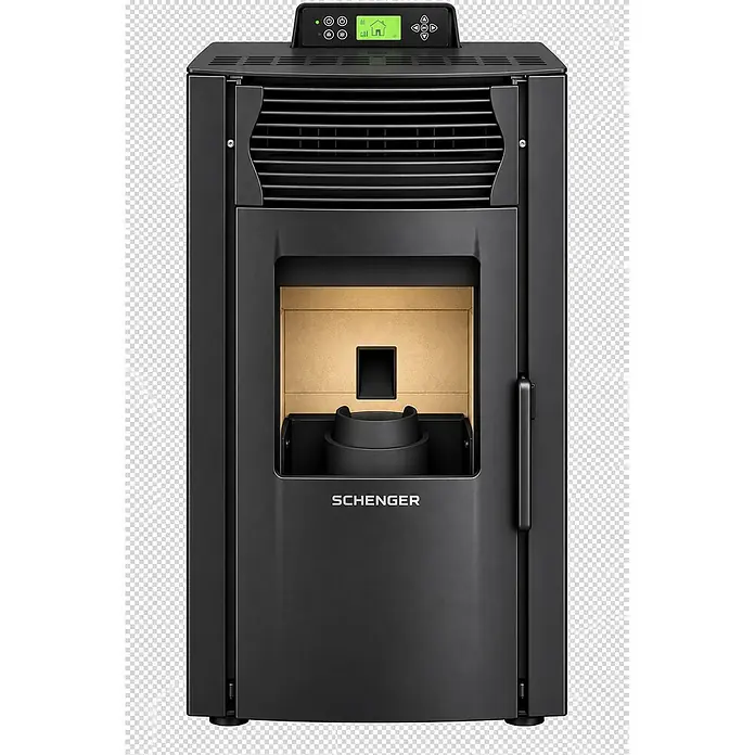 SCHENGER Pelletofen HP51 schwarz 8,8 kW A++ Vollautomatisch WLAN -  - Schwarzer Pelletofen mit Digitalanzeige und sichtbarer Brennkammer. Marke SCHENGER.