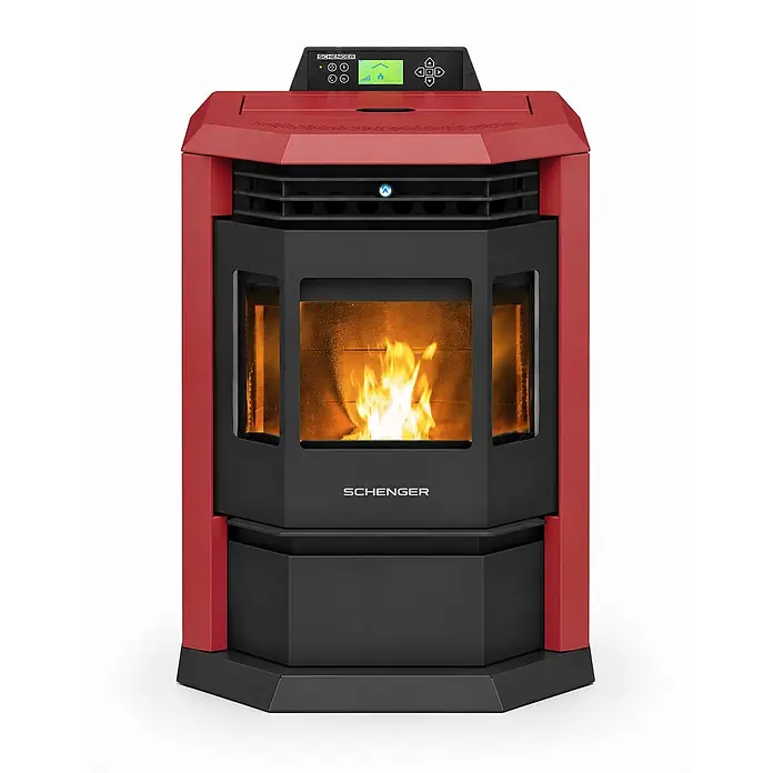 SCHENGER Pelletofen HLP3602 Rot 9,3 kW A++ Vollautomatisch WLAN -  - Roter und schwarzer Pelletofen mit digitalem Bedienfeld und sichtbarer Flamme zum Heizen.